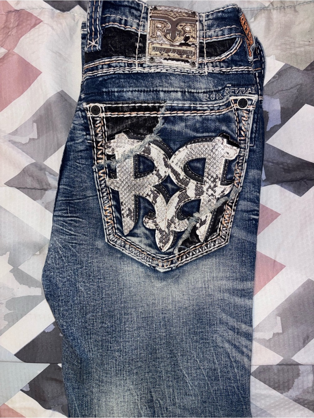 Rock Revival Men's Distressed Dark Blue Embroidered Pocket Jeans
